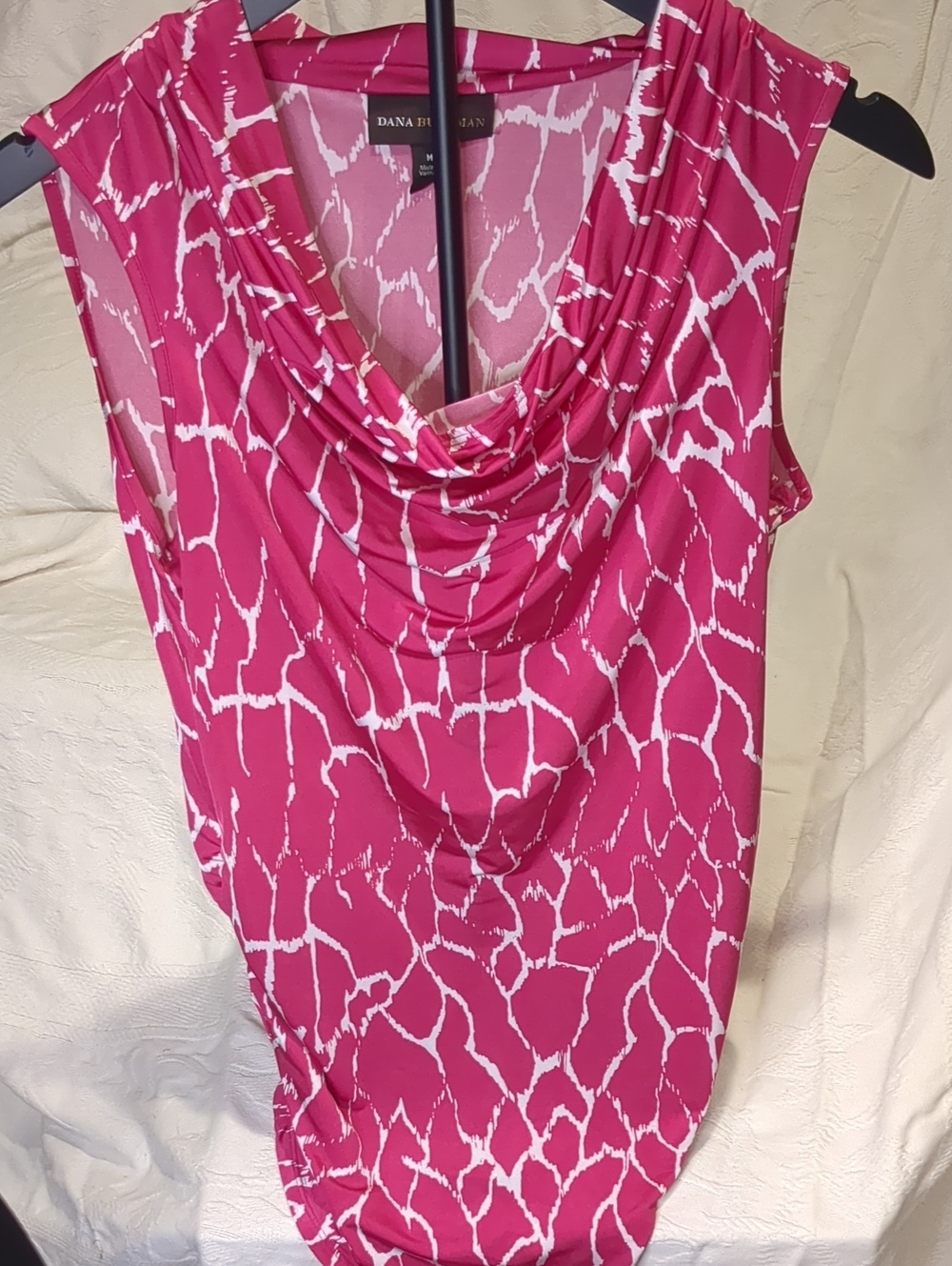 Dana Buchman Fuchsia and White Abstract Print Cowl Neck Sleeveless Top